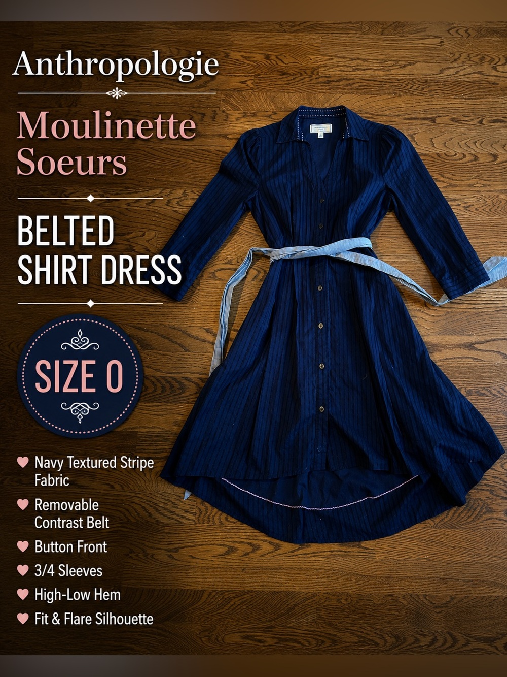 Moulinette Soeurs Anthropologie Navy Shirt Dress Belted High Low Hem Size 0